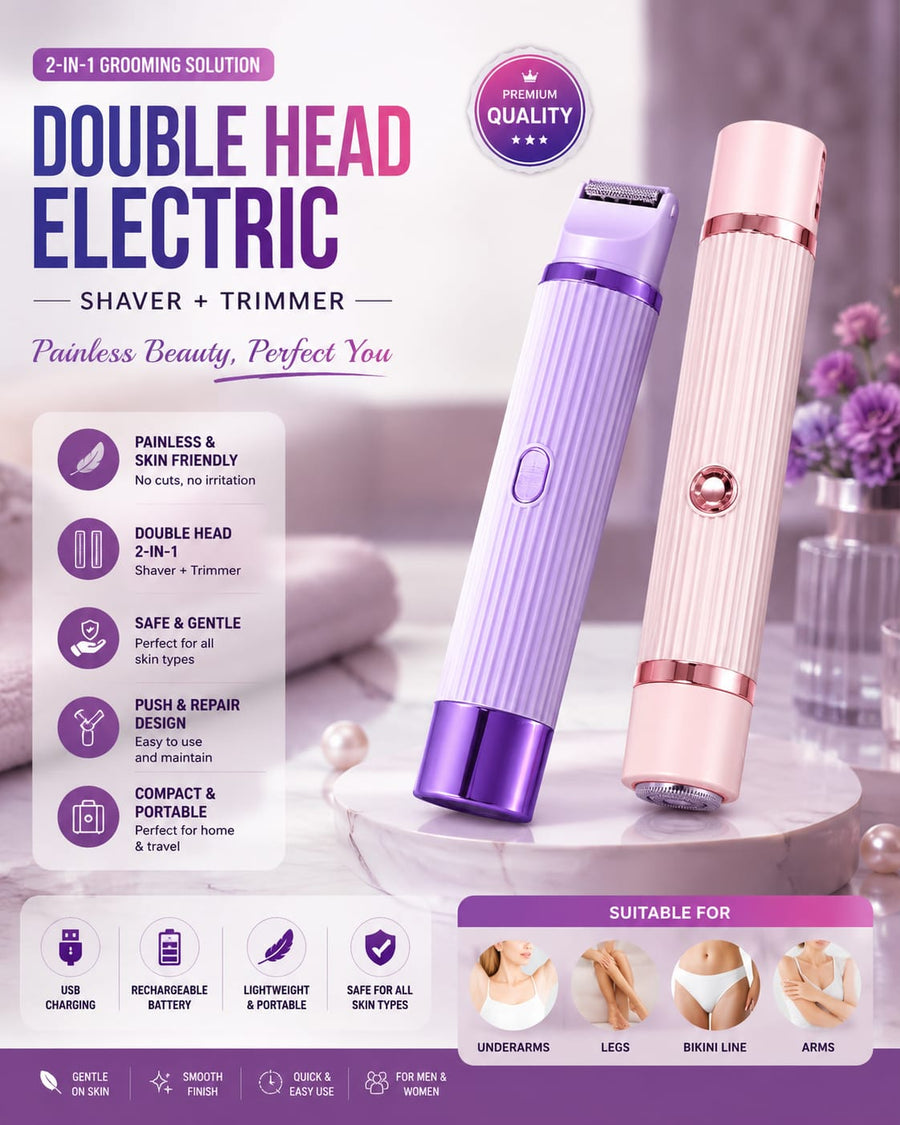 2 in 1 Women Electric Shaver Dual Head Bikini Trimmer for Women IPX7 Waterproof Wet & Dry Use Body Hair Trimmer and Facial Hair Remover for Bikini Underarm Leg Arm Body Face