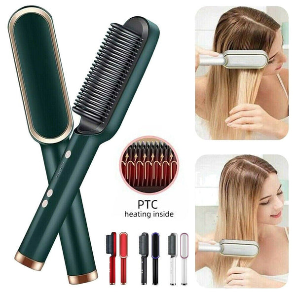909 Hair Straightening Brush | Electric 2‑in‑1 Straightener & Curler | Heating Styling Comb | Quick 3‑Minute Styling - Khachak