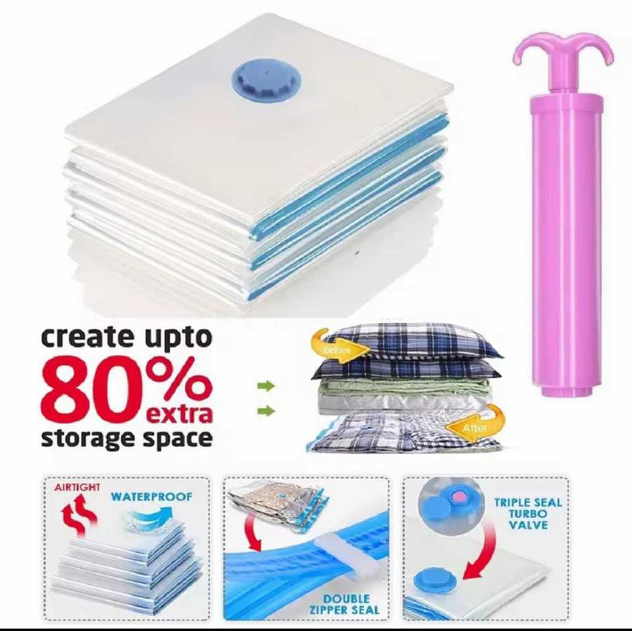 Vacuum Storage Bags Set (5 Bags + 1 Pump) – Space Saving Compression Bags