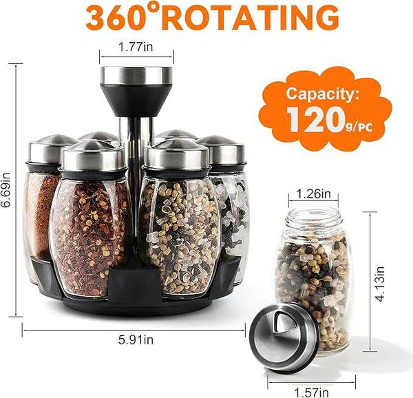 Rotating Spice Rack Organizer – 6 Pcs Glass Jars Set for Modern Kitchen - Khachak